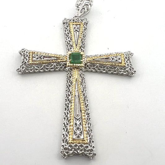 Vintage 18K Two-Tone Gold Natural Emerald Filigree Cross Pendant Italy Large