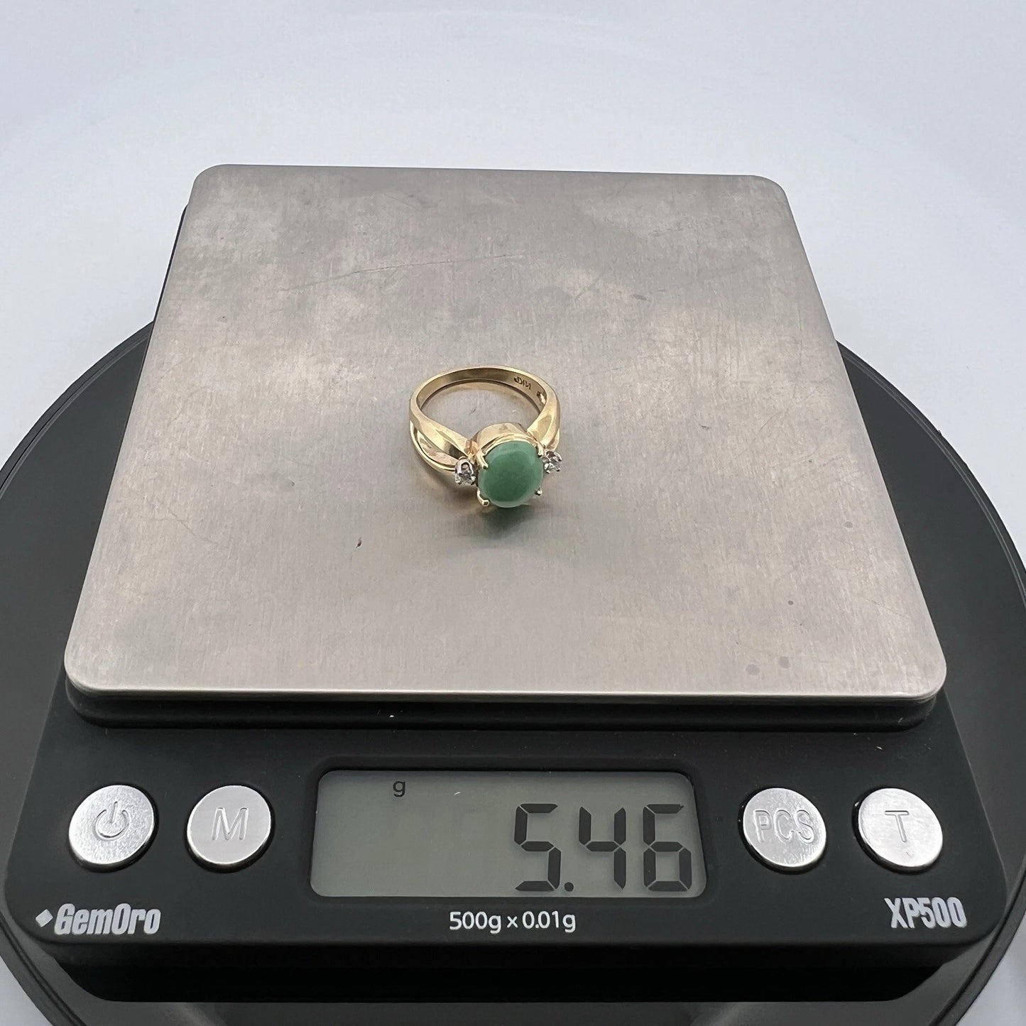 Estate 14K Yellow Gold Jadeite Jade Diamond Ring Oval Cabochon Size 6