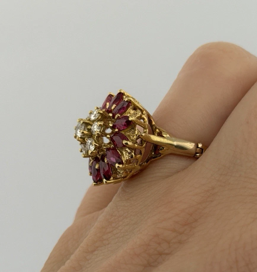 14K Yellow Gold Marquise Ruby & Diamond Cluster Ring – 8.45g – Adjustable 4.5–7 by Devine & Co — stone detail