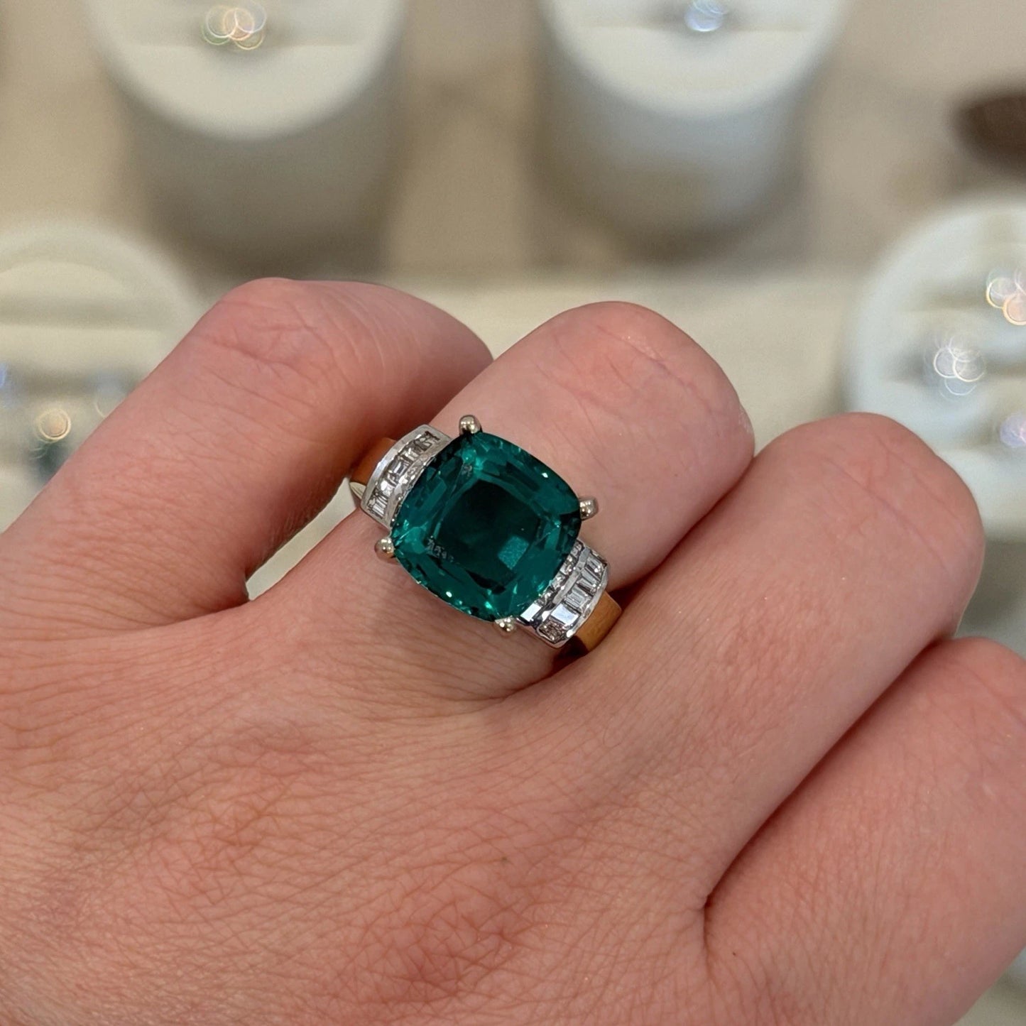 Lab Created Emerald and Diamond Ring 14K Two Tone Gold Heavy Mounting 12x12mm Sz 8, band detail