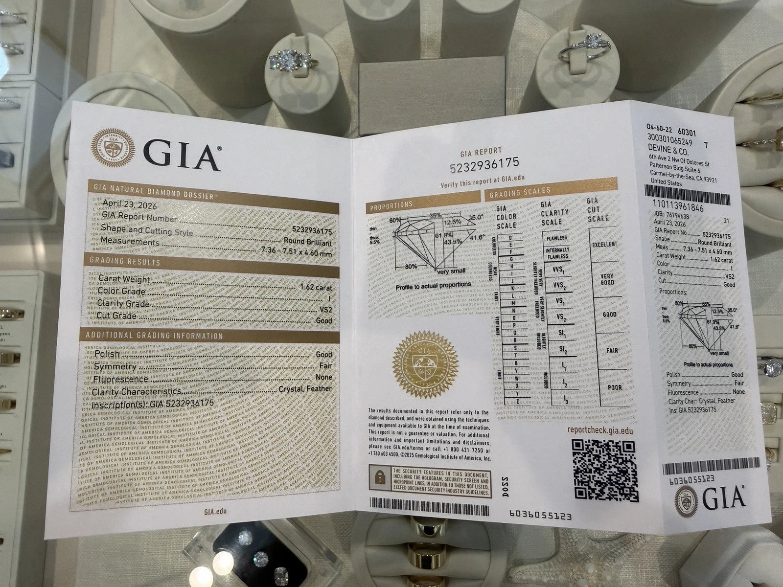 GIA 1.62 Carat Loose Round Brilliant Cut Natural Diamond I Color VS2 Clarity, side detail