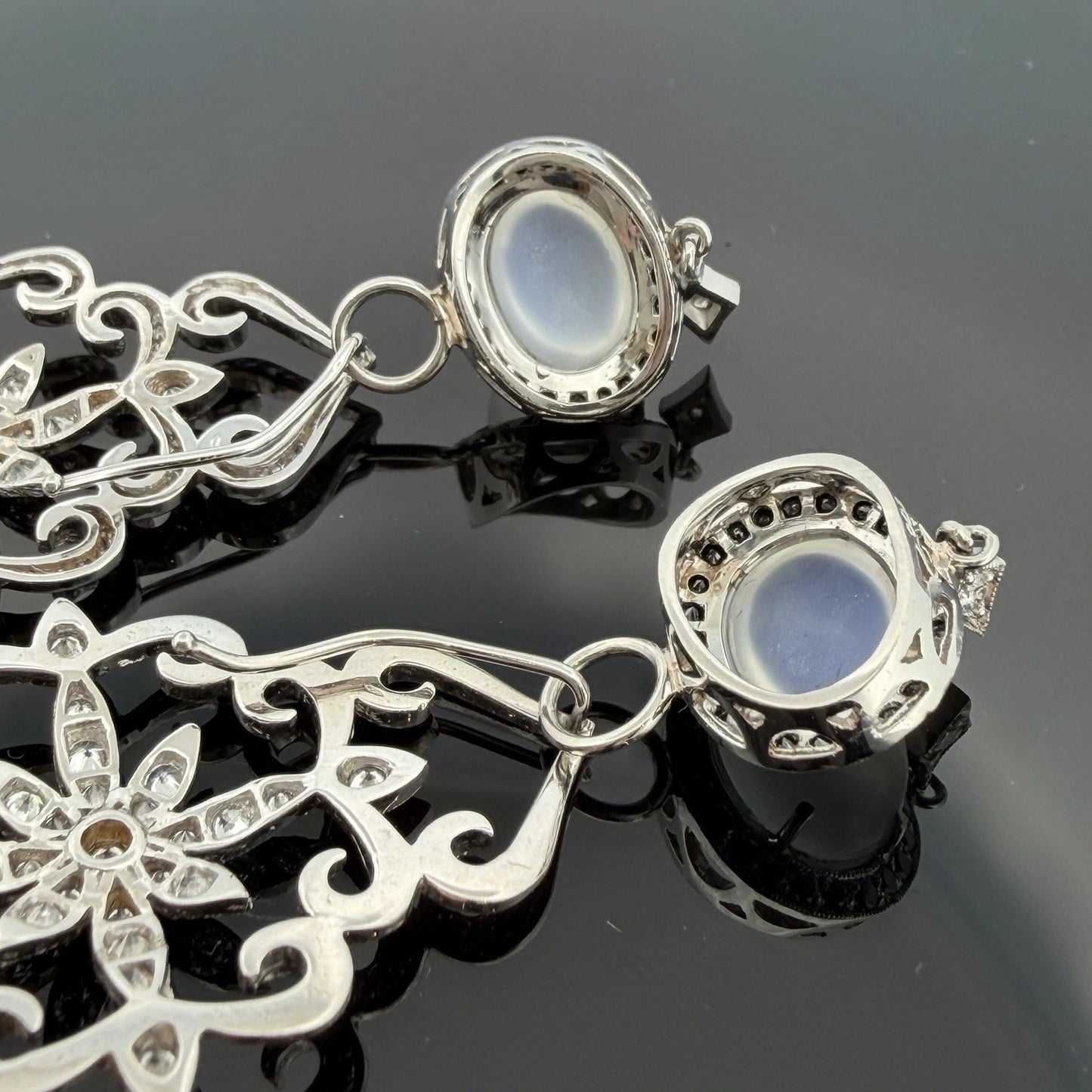 18K & 14K White Gold Moonstone Black Diamond Dangle Earrings 3" 17.9g