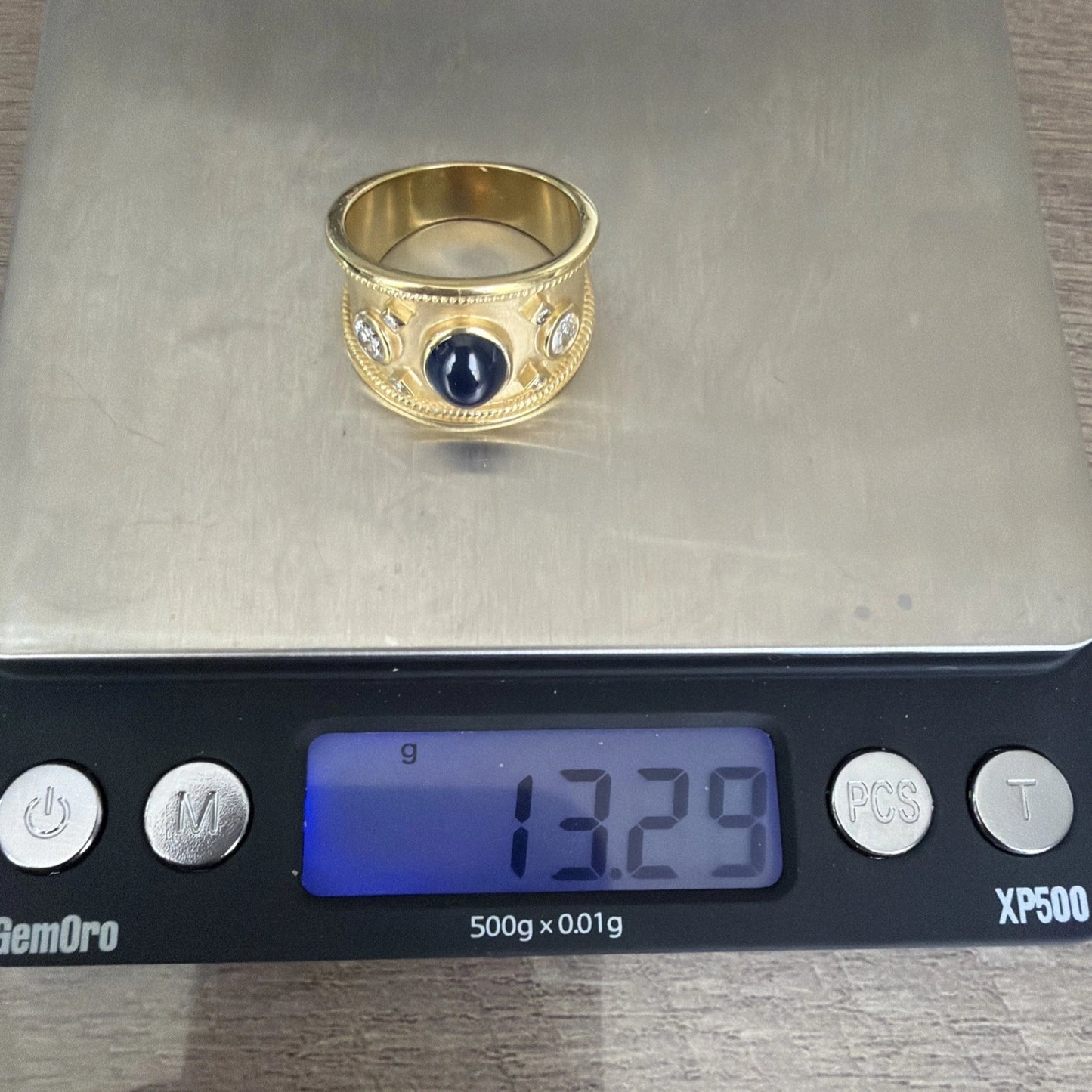 Handmade 18K Yellow Gold Sapphire Diamond Ring Wide Band Size 9 Estate 13g