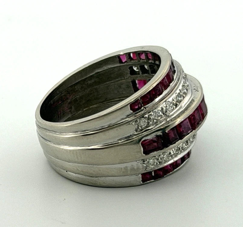 14K White Gold Ruby & Diamond Wide Band Ring Natural Square Rubies Size 7 by Devine & Co — stone detail