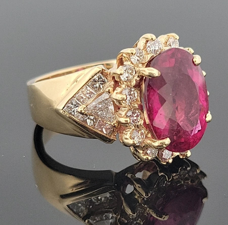 Natural Oval Rubellite Tourmaline Ring 6.90ct & 2CTW Diamonds 14K Yellow Sz 6.5 by Devine & Co — stone detail