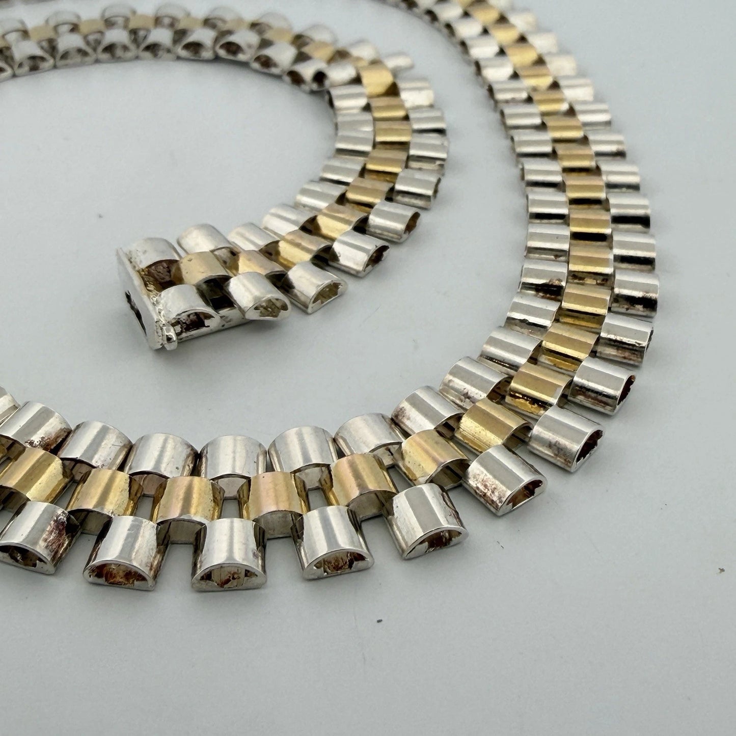 Sterling Silver Yellow Plated Watch Band Link Necklace 12mm Wide 17.5 Inches