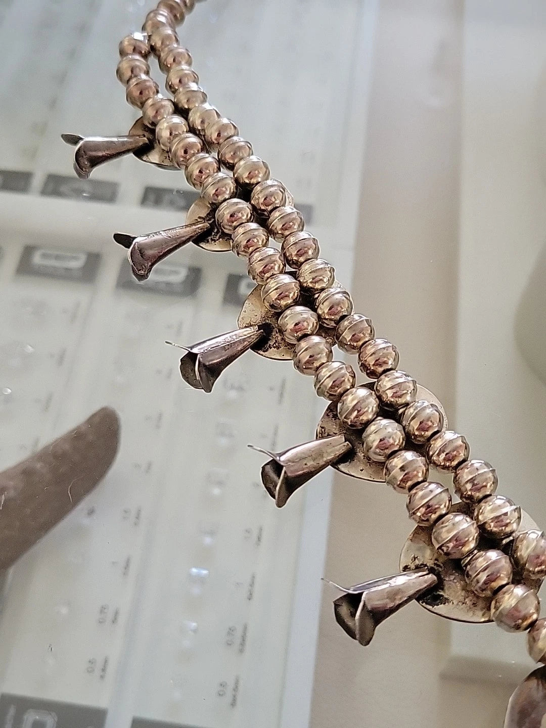 Vintage Sterling Silver Squash Blossom Necklace with Turquoise, 170 Grams, 24" by Devine & Co — stone detail