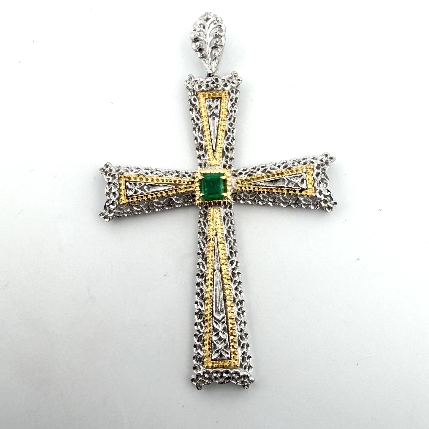 Vintage 18K Two-Tone Gold Natural Emerald Filigree Cross Pendant Italy Large