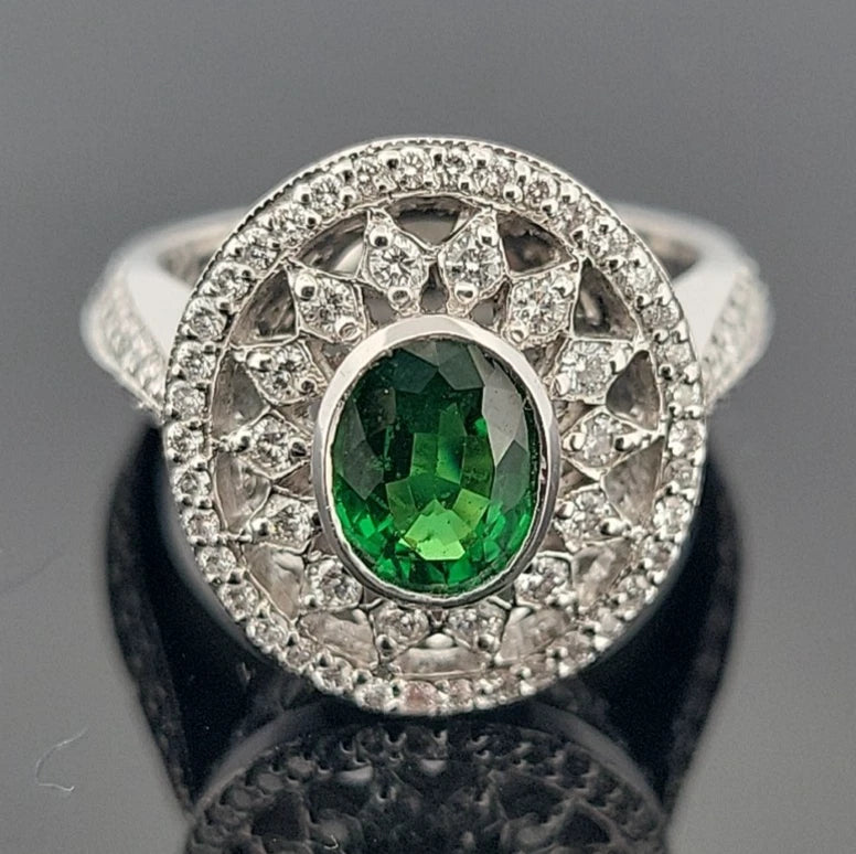 18K White Gold Tsavorite & Diamond Ring 1.51ct Oval Tsavorite 1.02ctw Diamonds by Devine & Co — back view