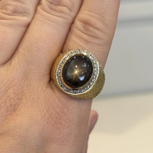 Men's 14K Yellow Gold Natural Black Star Sapphire Diamond Ring Size 12.5, 16.5g