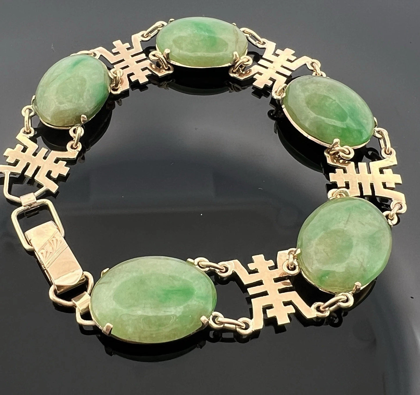 Vintage 14K Yellow Gold Jadeite Jade 5 Cabochon Bracelet 7” Estate