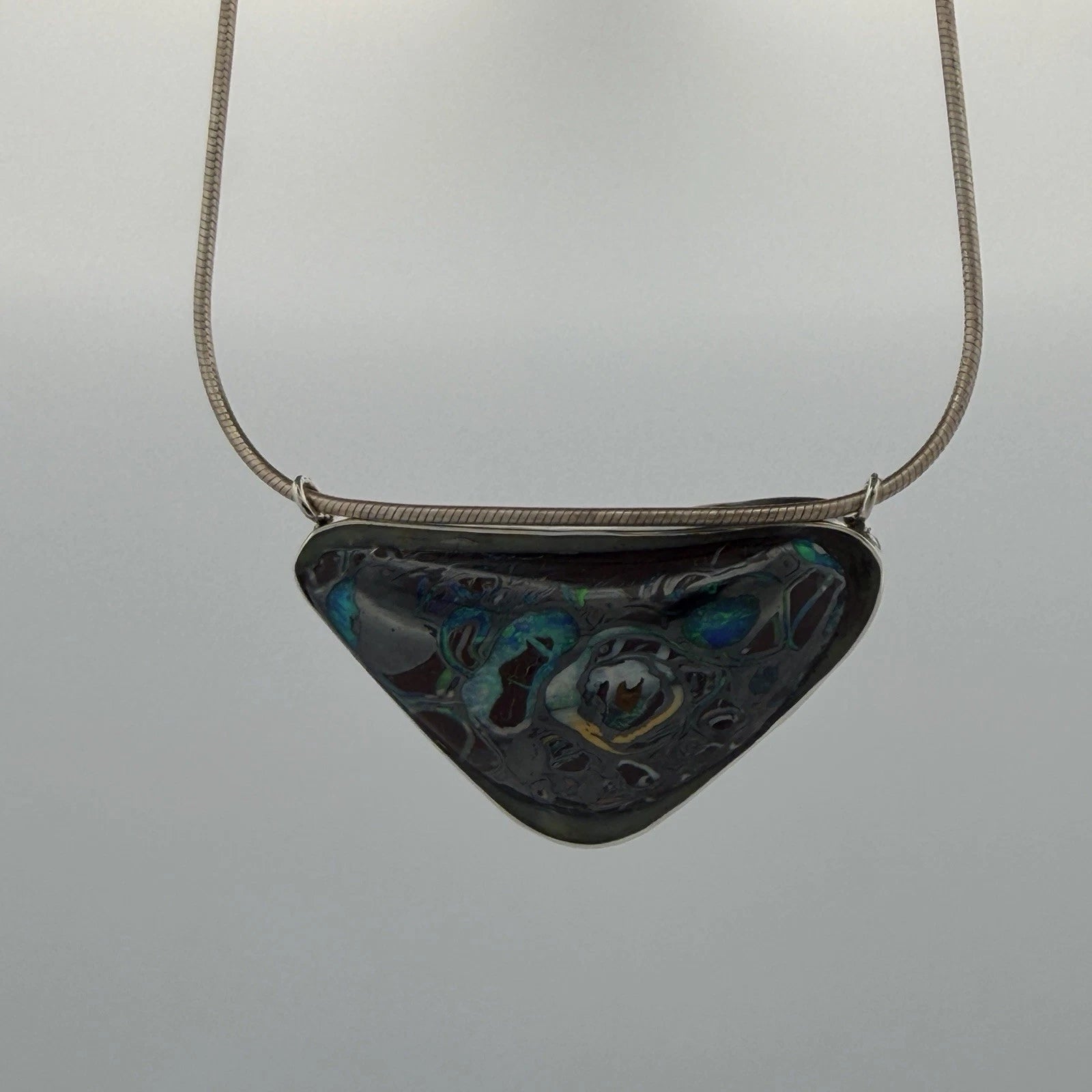 Australian Boulder Opal Pendant Necklace Sterling Silver Custom Bezel 20” Chain, scale detail