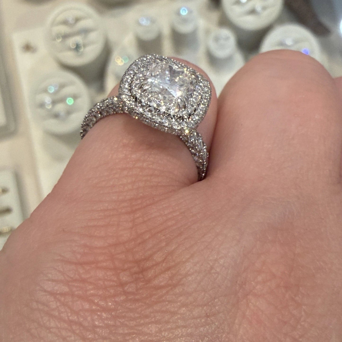 GIA Certified 1.90ct Natural Cushion Cut Diamond Double Halo Engagement Ring Plt