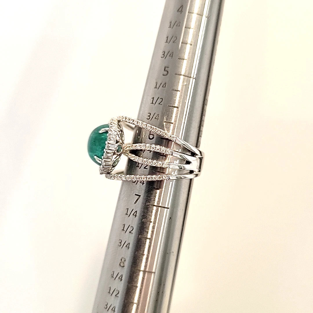 18K White Gold Oval Cabochon Emerald Ring 4.63ct Diamond Split Pave Shank 0.85ct by Devine & Co — band detail