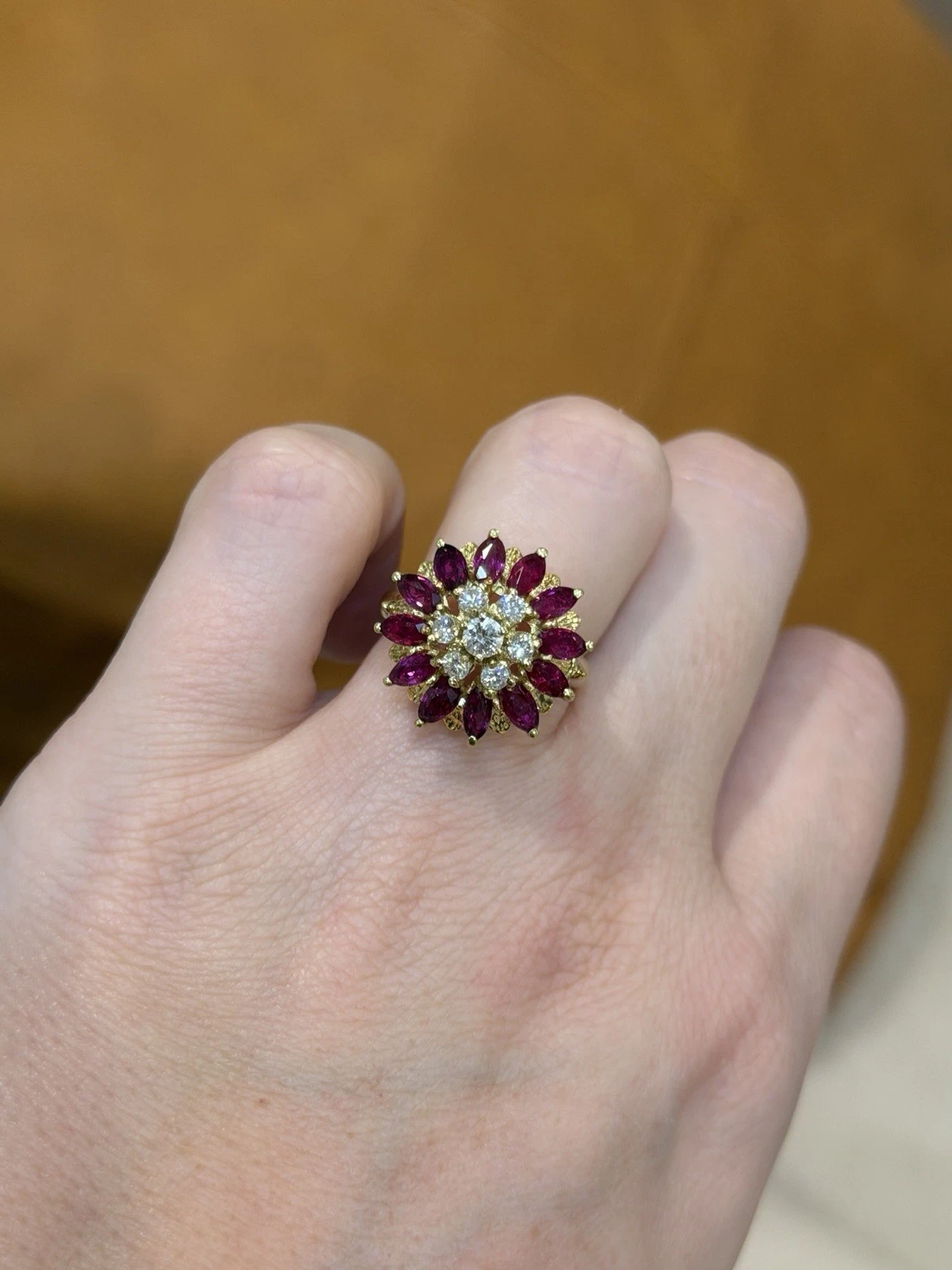 14K Yellow Gold Marquise Ruby & Diamond Cluster Ring – 8.45g – Adjustable 4.5–7 by Devine & Co — band detail