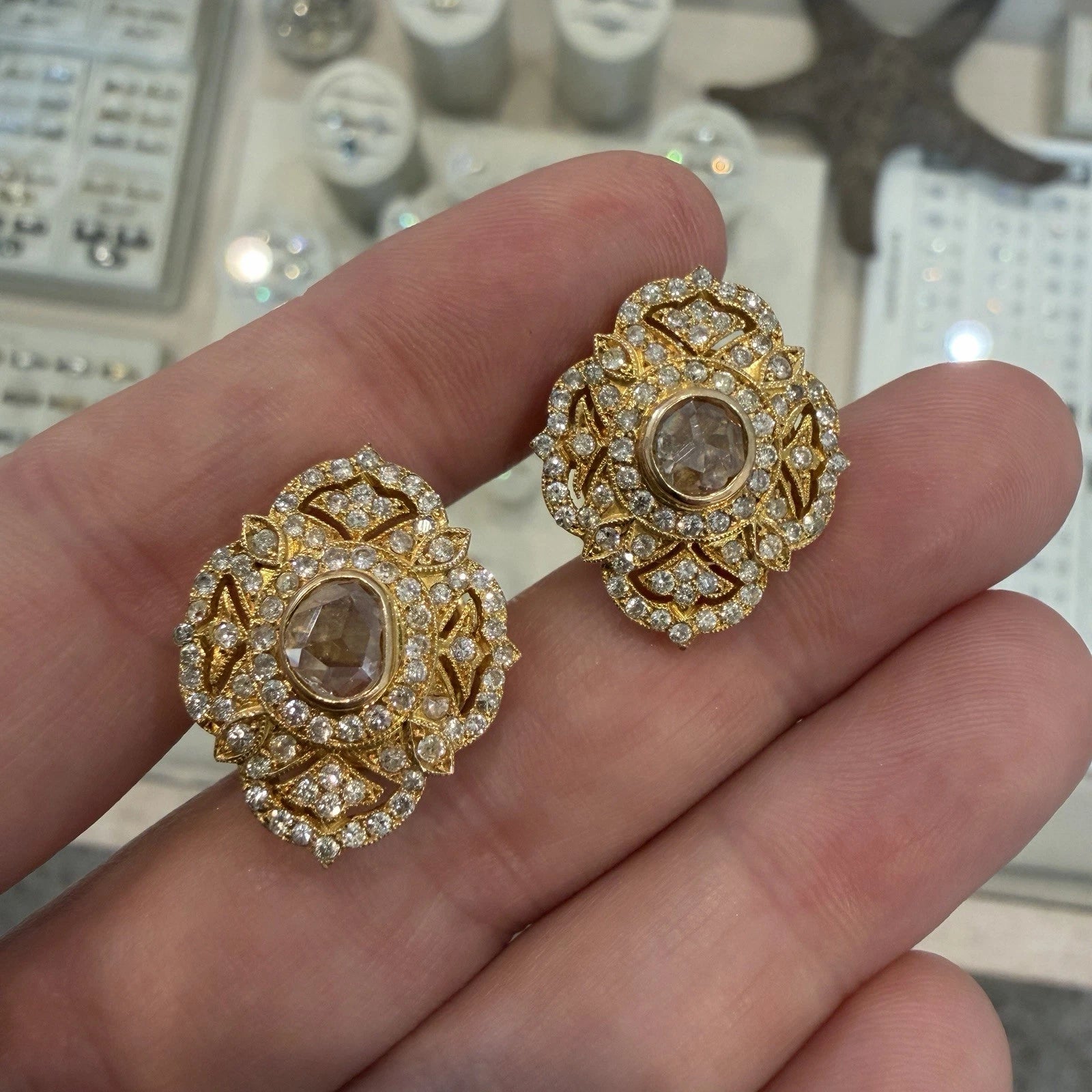 Natural Rose Cut and Round Brilliant Diamond Earrings 14K Yellow Gold Vintage 2CTW, gallery detail