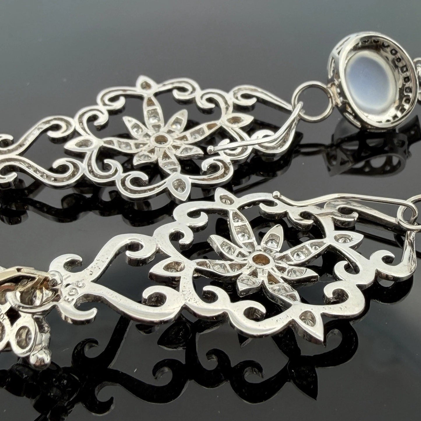 18K & 14K White Gold Moonstone Black Diamond Dangle Earrings 3" 17.9g