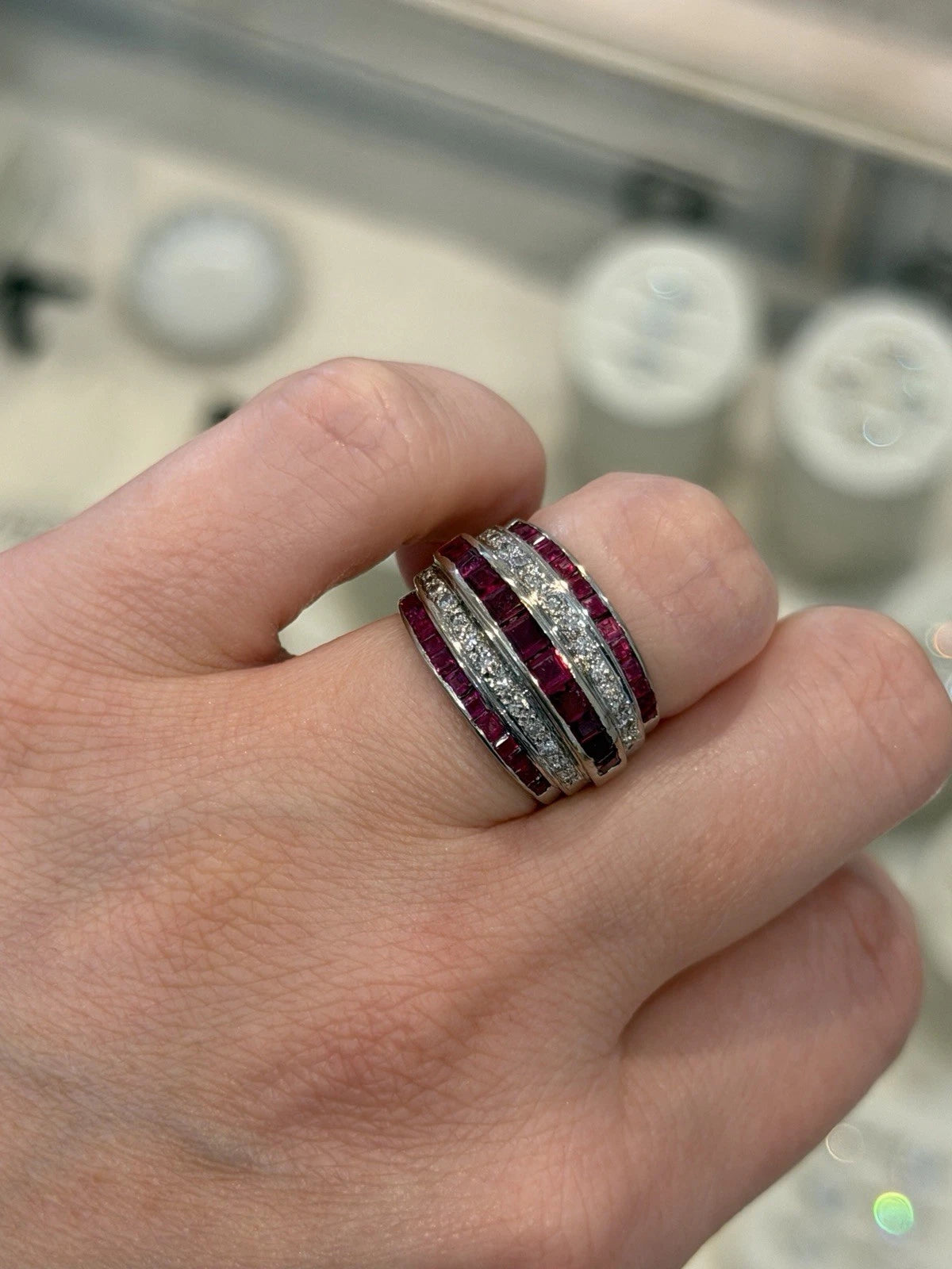 14K White Gold Ruby & Diamond Wide Band Ring Natural Square Rubies Size 7 by Devine & Co — band detail