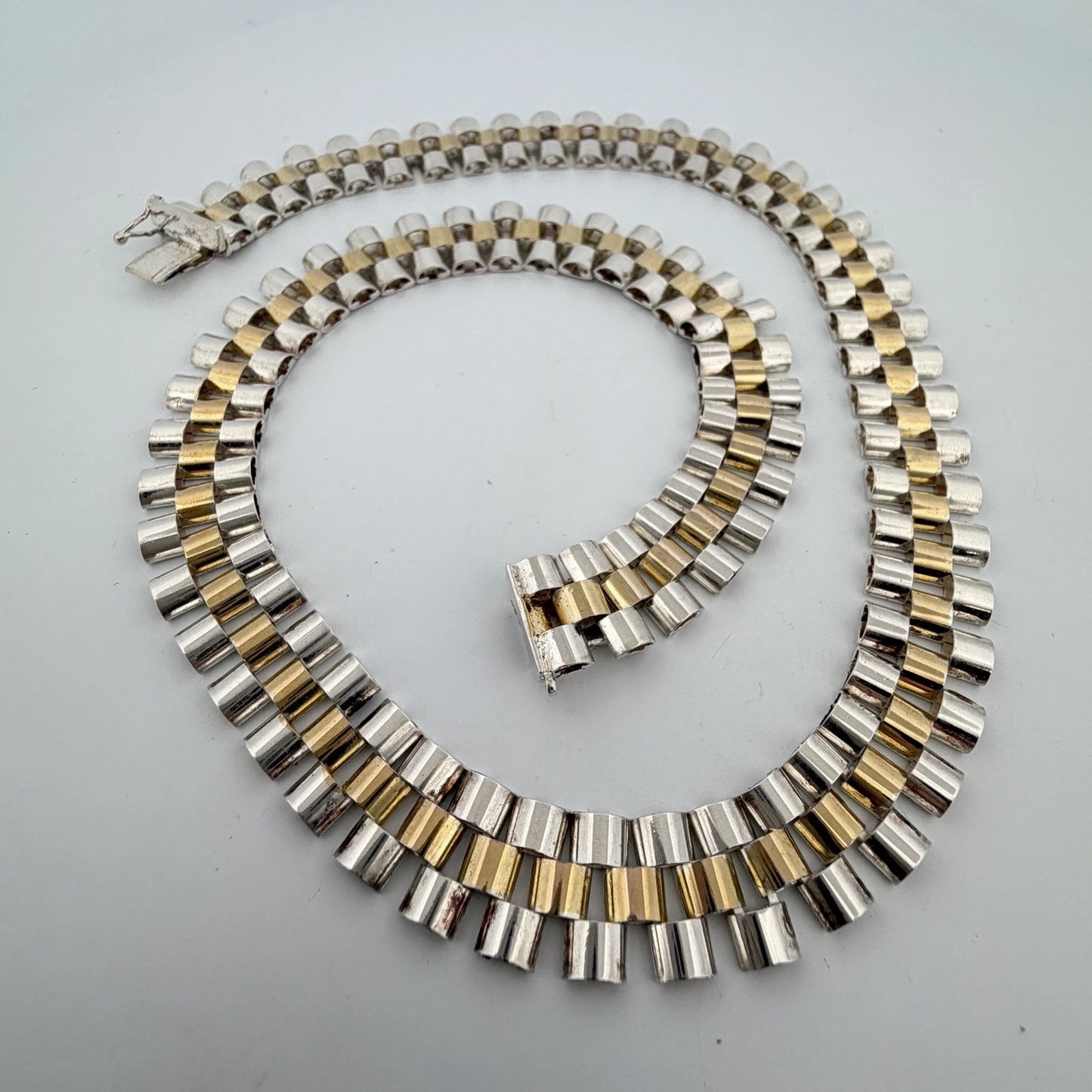 Sterling Silver Yellow Plated Watch Band Link Necklace 12mm Wide 17.5 Inches