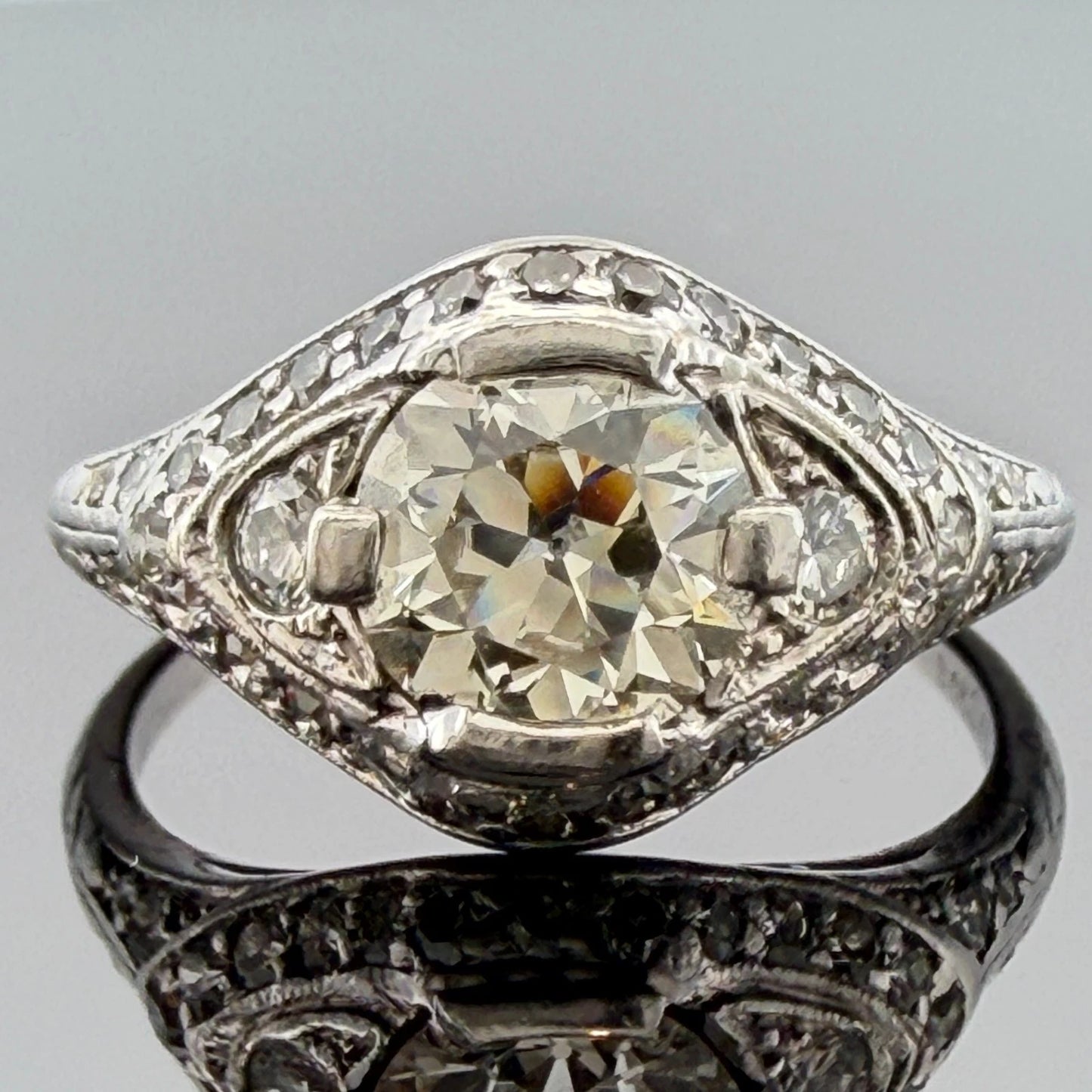 Art Deco Style Platinum Old European Cut Diamond Ring SI1 J Size 5.25