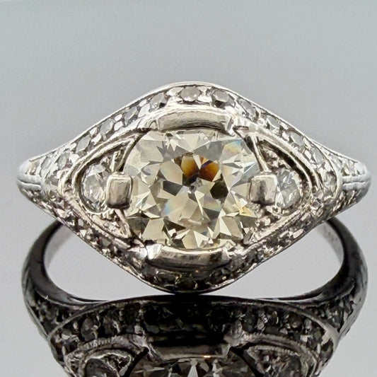 Art Deco Style Platinum Old European Cut Diamond Ring SI1 J Size 5.25