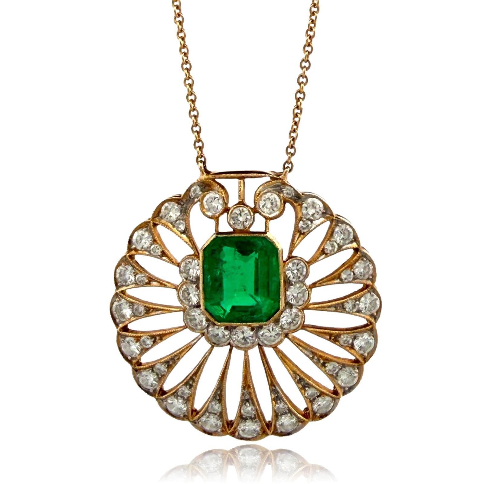 Natural Colombian Emerald and Diamond Pendant Necklace 18K Yellow Gold GIA Report, main view
