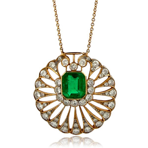 Natural Colombian Emerald & Diamond Pendant Necklace 18K Yellow Gold GIA Report