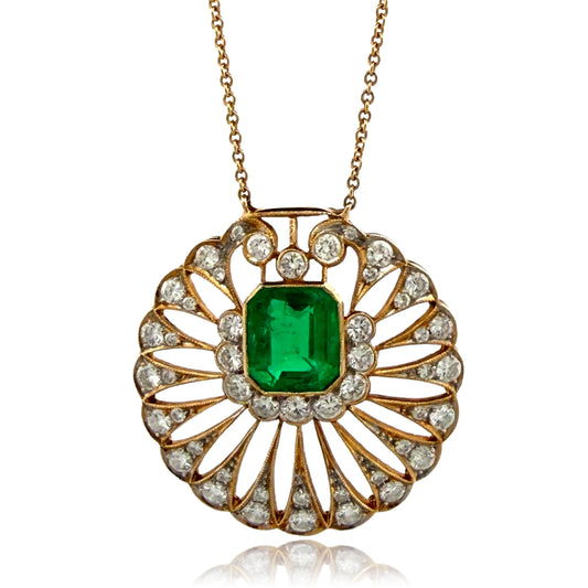 Natural Colombian Emerald and Diamond Pendant Necklace 18K Yellow Gold GIA Report, main view