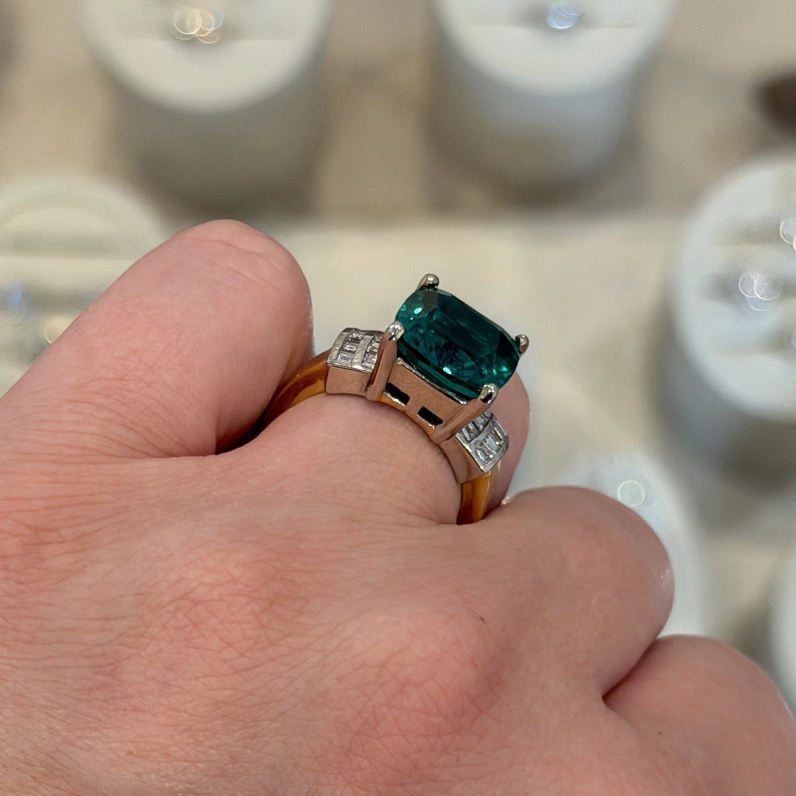 Lab Created Emerald and Diamond Ring 14K Two Tone Gold Heavy Mounting 12x12mm Sz 8, gallery detail