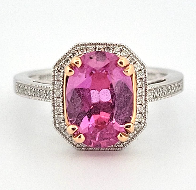14K White & Yellow Gold Pink Sapphire Ring 2.53ct Oval Diamond Halo 0.14ctw Pave by Devine & Co — setting detail