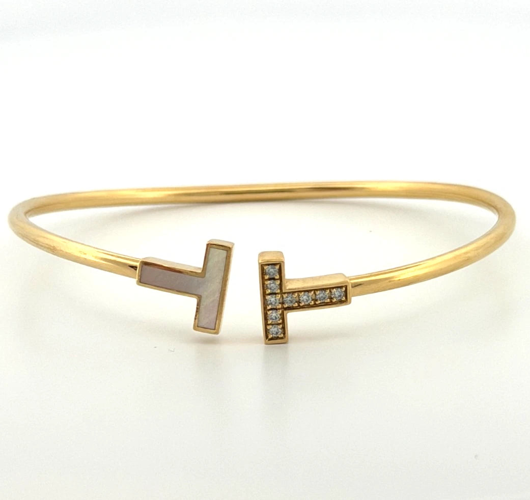 Tiffany & Co. T Wire Bracelet 18K Yellow Gold Mother of Pearl Diamond Bracelet by Devine & Co