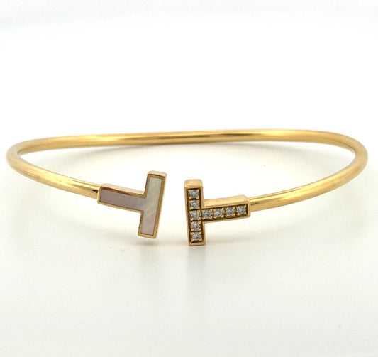 Tiffany & Co. T Wire Bracelet 18K Yellow Gold Mother of Pearl Diamond Bracelet by Devine & Co