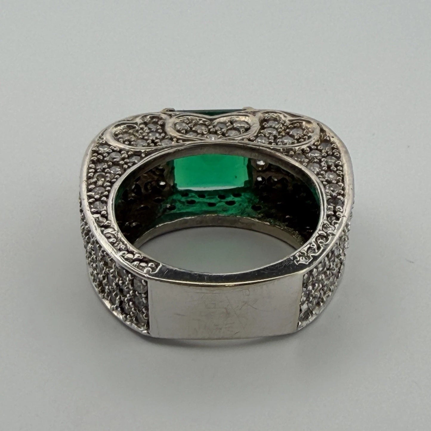 Lab Created Emerald and Diamond Ring 14K White Gold Wide Pavé Mounting 1.50CTW, metalwork detail