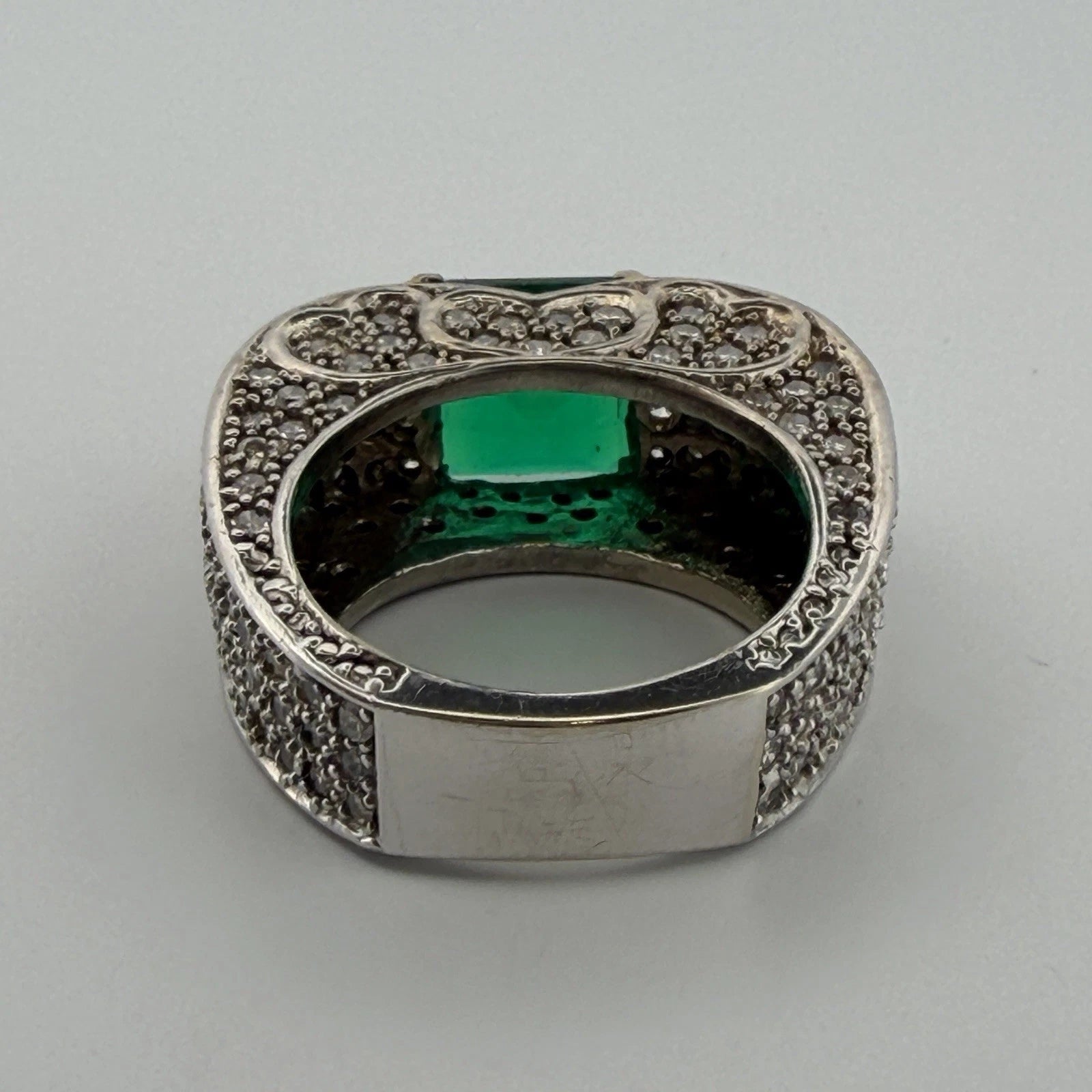 Lab Created Emerald and Diamond Ring 14K White Gold Wide Pavé Mounting 1.50CTW, metalwork detail