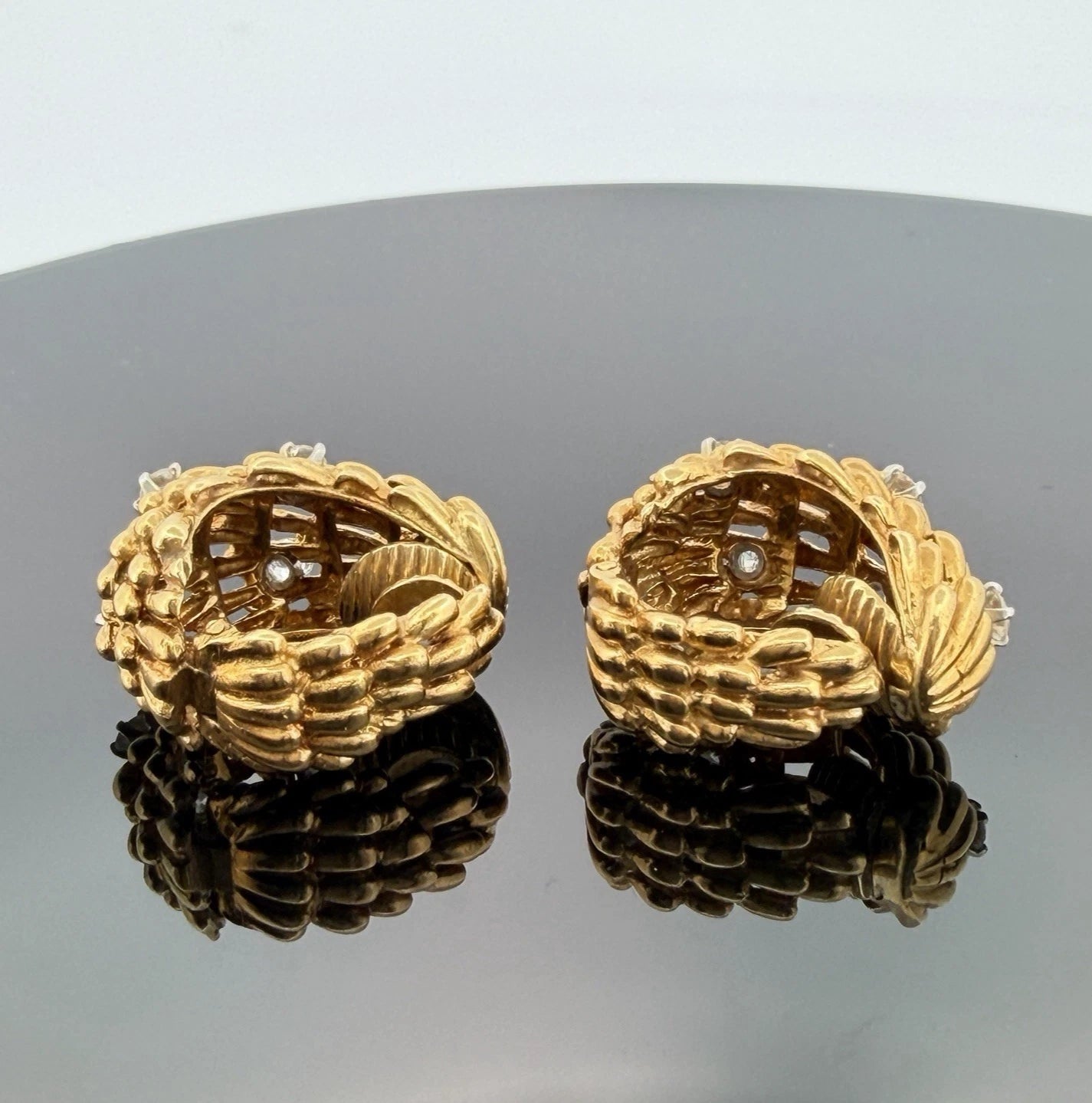 David Webb Signed 18K Gold Platinum Diamond Hoop Clip Earrings 18.68g