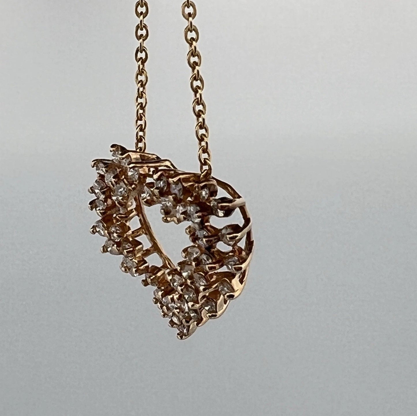 Vintage 14K Yellow Gold Diamond Open Heart Slide Pendant Necklace VS 1CTW 16"