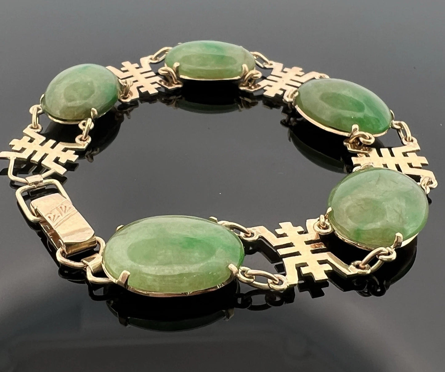 Vintage 14K Yellow Gold Jadeite Jade 5 Cabochon Bracelet 7” Estate