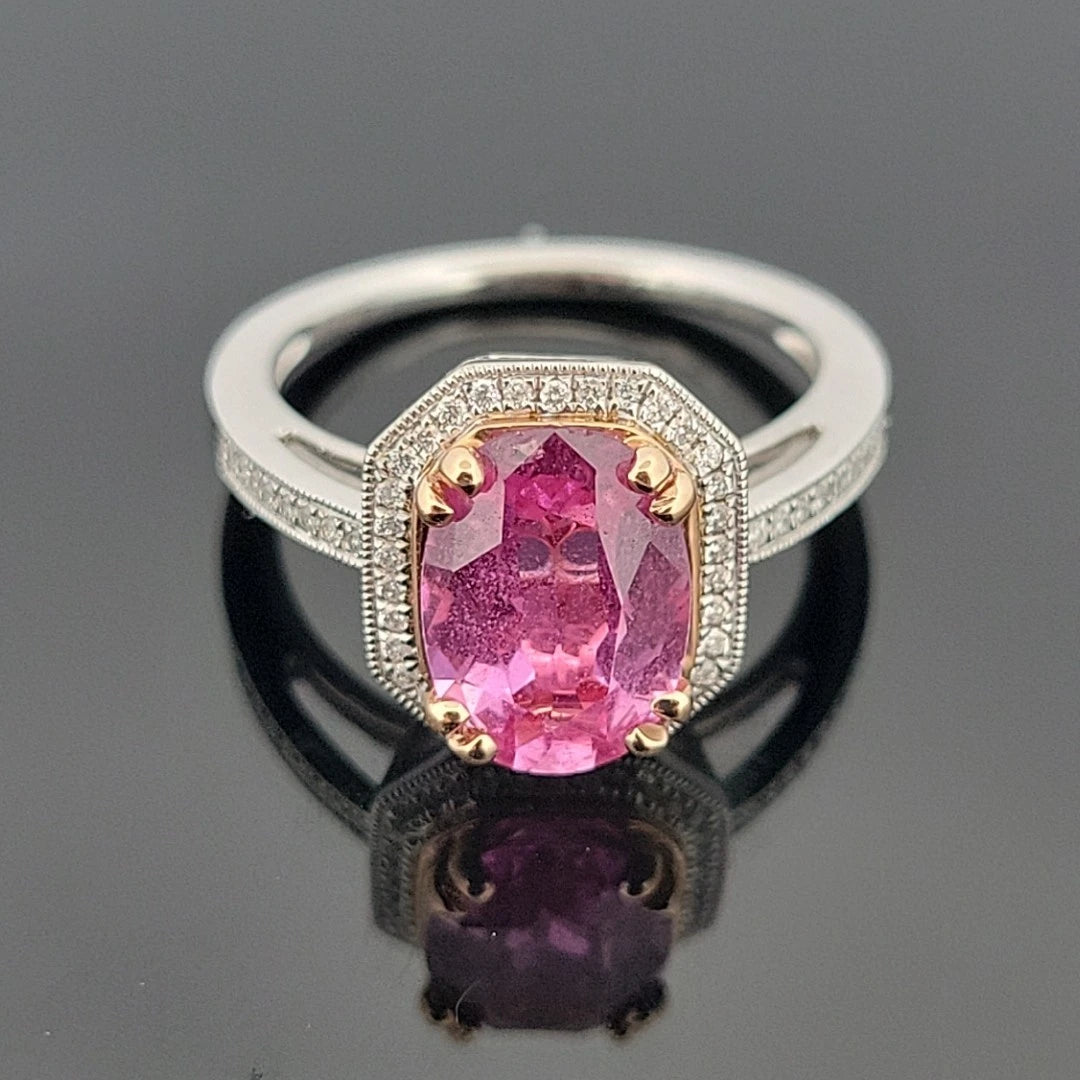 14K White & Yellow Gold Pink Sapphire Ring 2.53ct Oval Diamond Halo 0.14ctw Pave by Devine & Co — stone detail