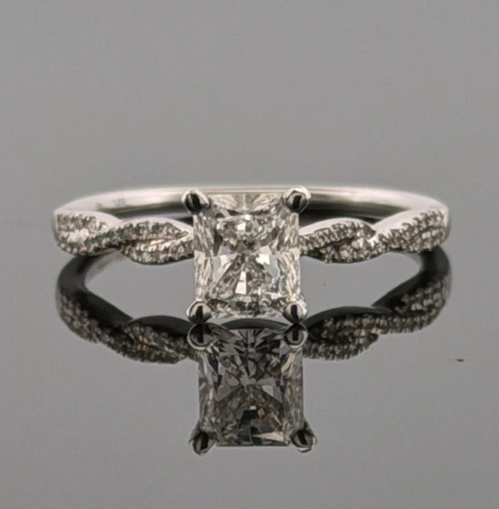 14K White Gold Natural Radiant Cut Diamond Ring 1.01ct F/SI1 GIA Twist Pave by Devine & Co — angled view