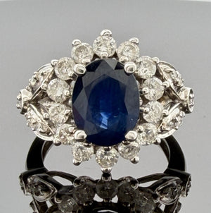 14K White Gold Natural Oval Blue Sapphire Diamond Halo Ring 6.3g Size 6.75