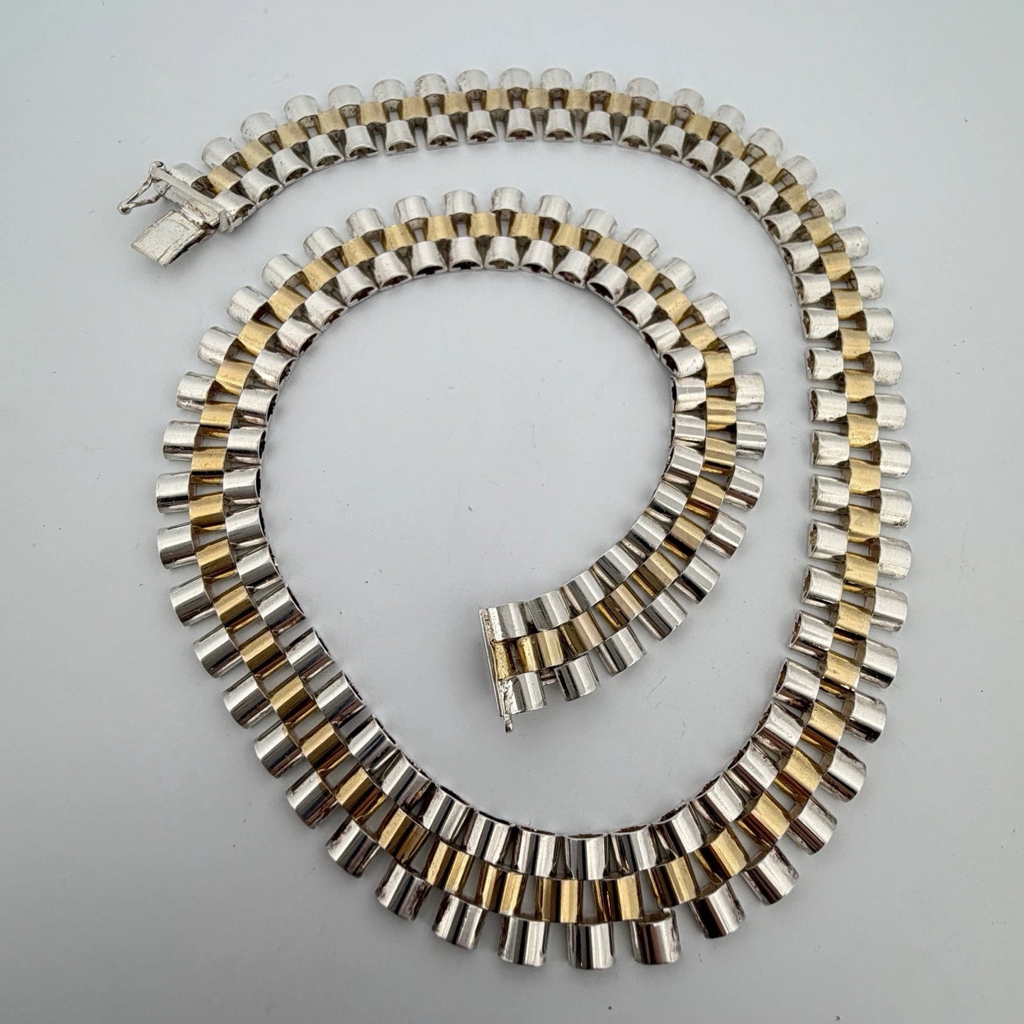 Sterling Silver Yellow Plated Watch Band Link Necklace 12mm Wide 17.5 Inches