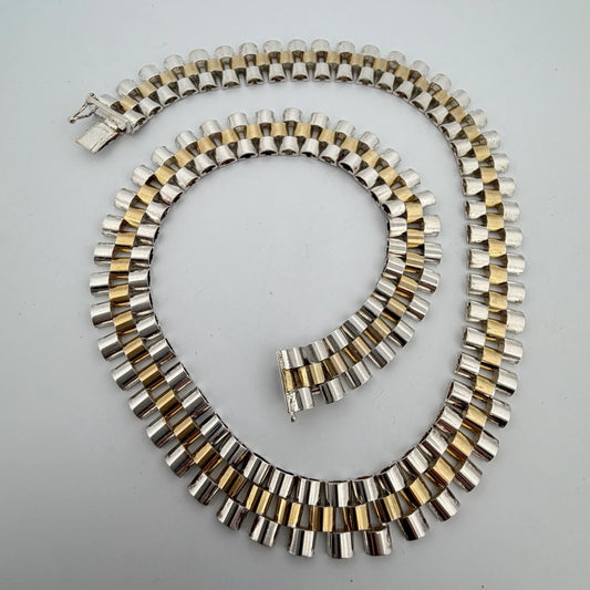 Sterling Silver Yellow Plated Watch Band Link Necklace 12mm Wide 17.5 Inches