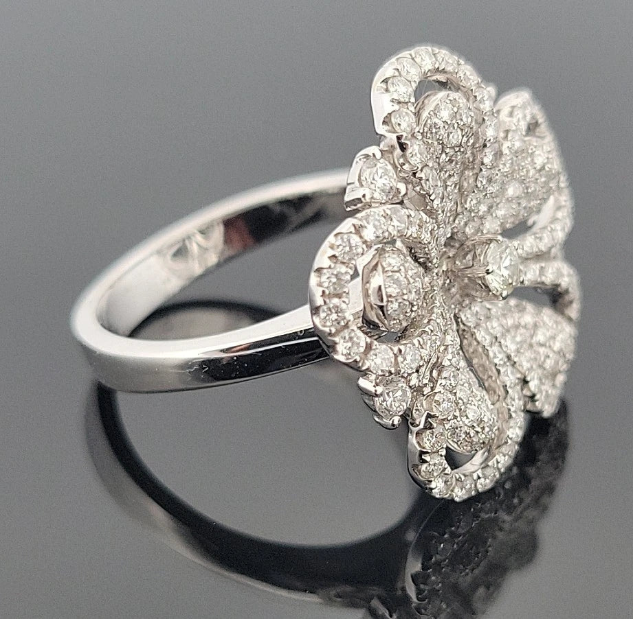 18K White Gold Pave Diamond Flower Ring 1.39ctw Natural Diamonds Size 6 by Devine & Co — setting detail