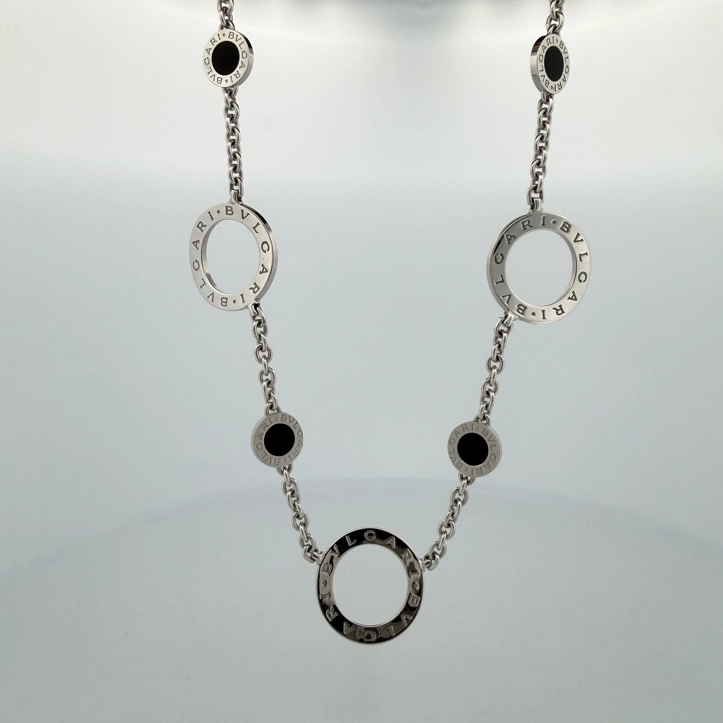 Bvlgari Bulgari 18K White Gold Onyx Circle Motif Necklace 19" 33g