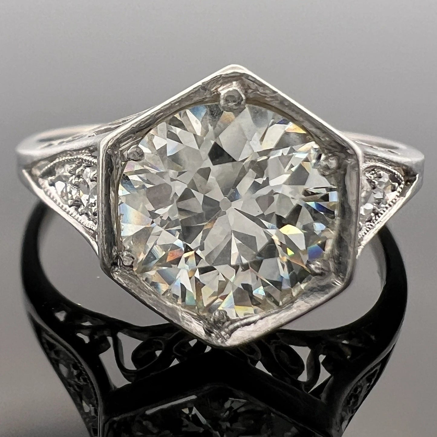 Antique Platinum 1.80ct Old European Cut Diamond Ring Art Deco Size 8