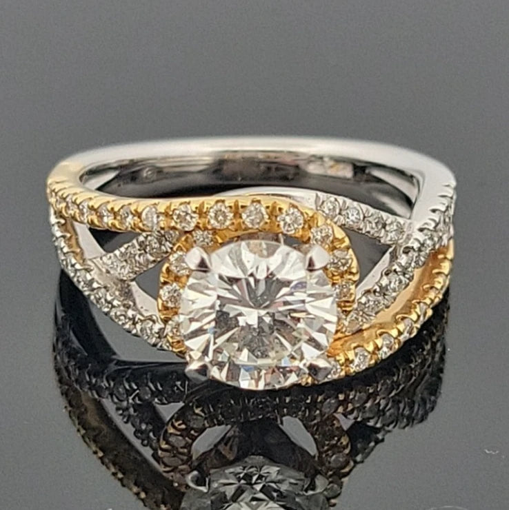 14K Two-Tone Diamond Engagement Ring Round 1.52ct GVS2 EGL Halo Bypass Setting by Devine & Co — side view