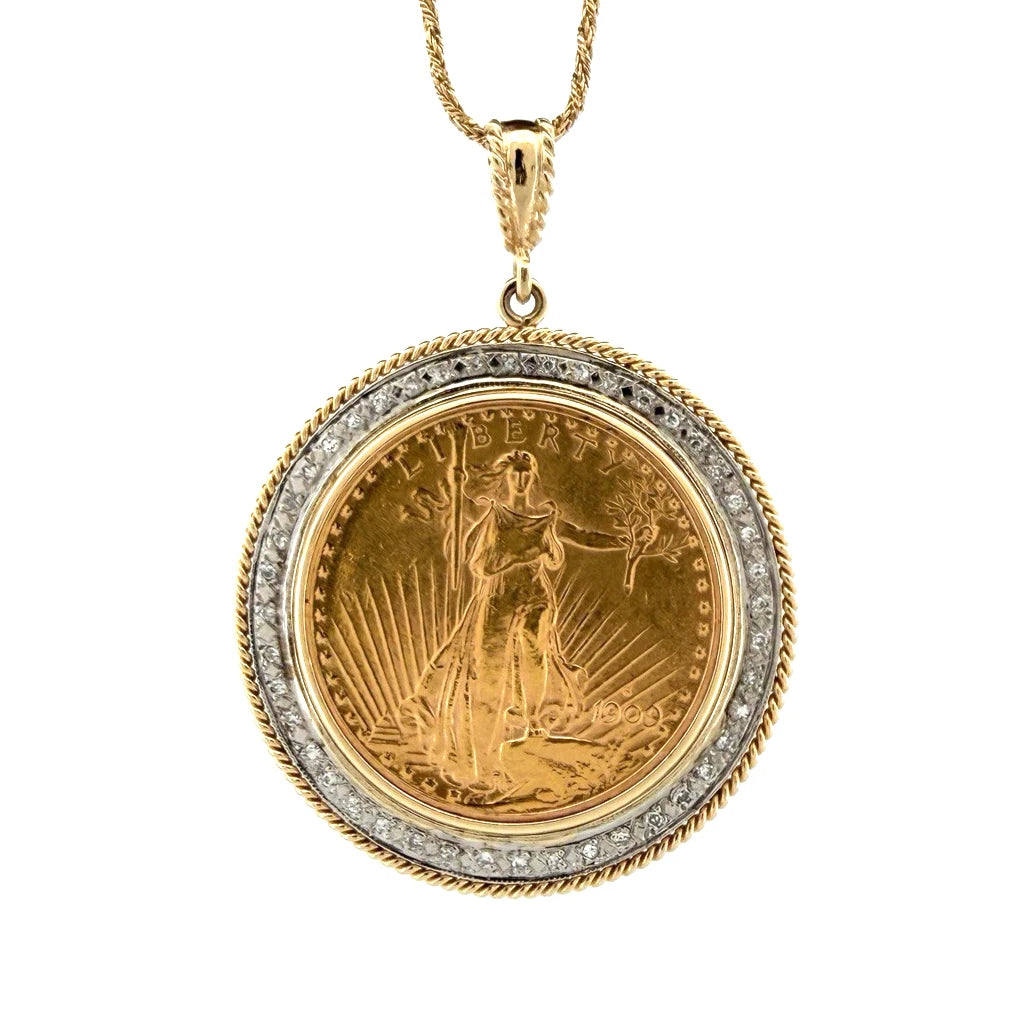 1909 $20 Liberty Gold Coin Diamond Bezel Pendant 14K Gold Necklace 54.62g