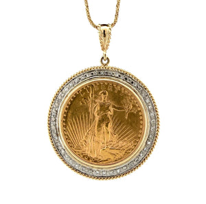 1909 $20 Liberty Gold Coin Diamond Bezel Pendant 14K Gold Necklace 54.62g