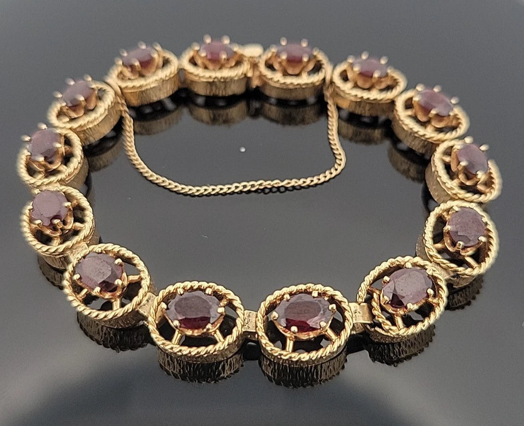Vintage 14K Yellow Gold Natural Garnet Link Bracelet Bark Finish 12CTW 8 27 Gr by Devine & Co — back view