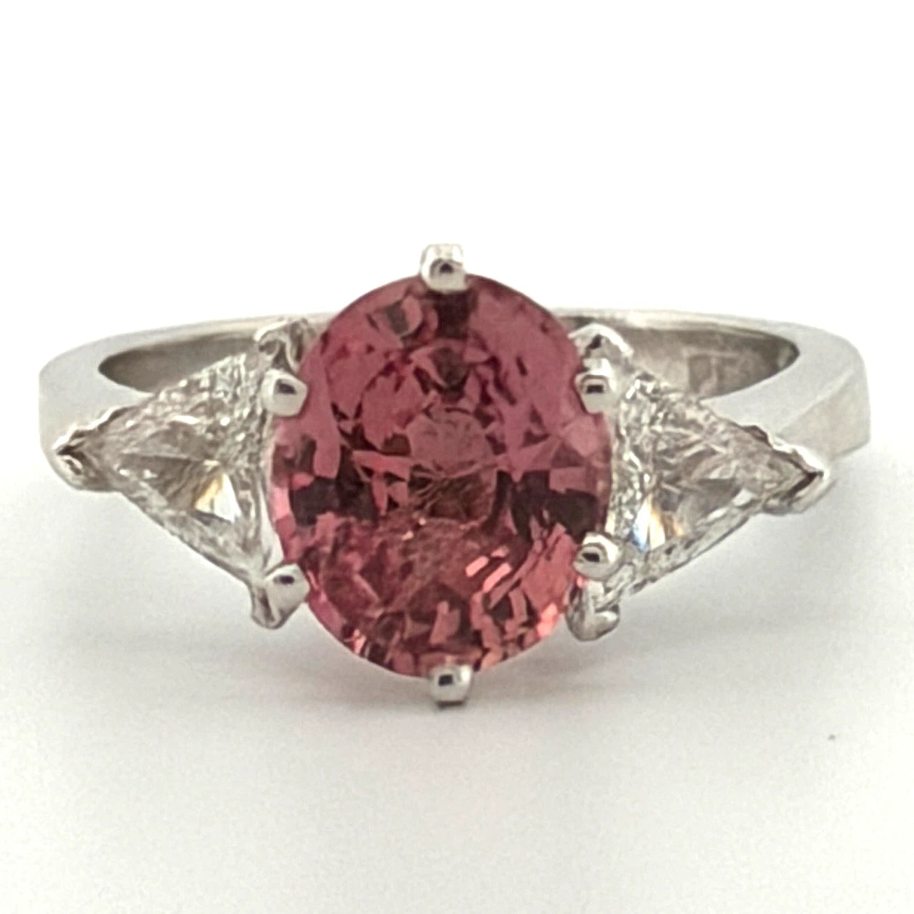 Platinum Natural Padparadscha Sapphire Trillion Diamond Ring 2.16ct .70ctw AIGS by Devine & Co — detail view
